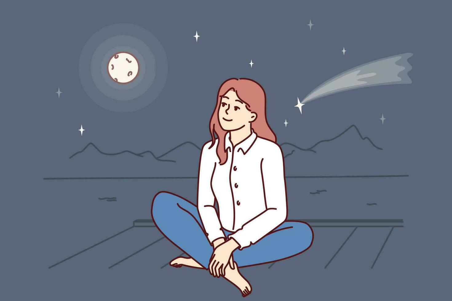 Dreamy woman is sitting on pier looking at night sky with shooting star near full moon. Carefree dreamy girl admires evening bay and makes wishes seeing starfall and feels harmony with nature vector