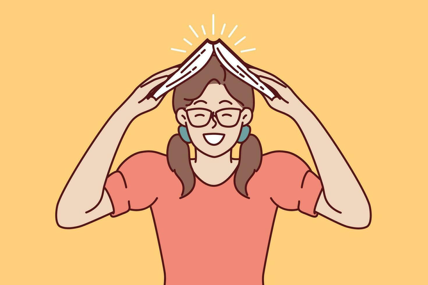 Happy girl student with book over head smile wanting to get new knowledge from textbook. Female student and bookworm to advertise educational goods and services or additional courses vector