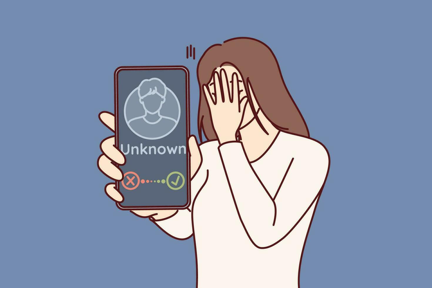 Woman receives phone call from anonymous stalker and shows smartphone screen covering face with hand. Unhappy girl feeling threatened by stalker or scammer threatening through telephone calls vector