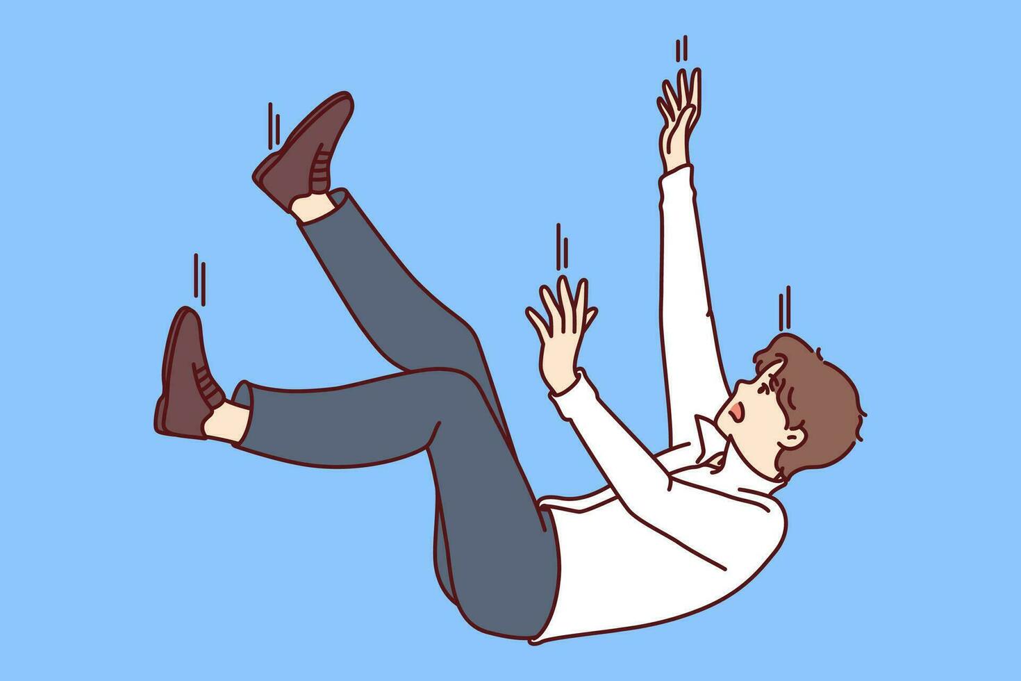 Falling man in business attire symbolizing failure or bankruptcy associated with being fired. Falling guy flies down and screams due to career problems and troubles related to financial crisis vector
