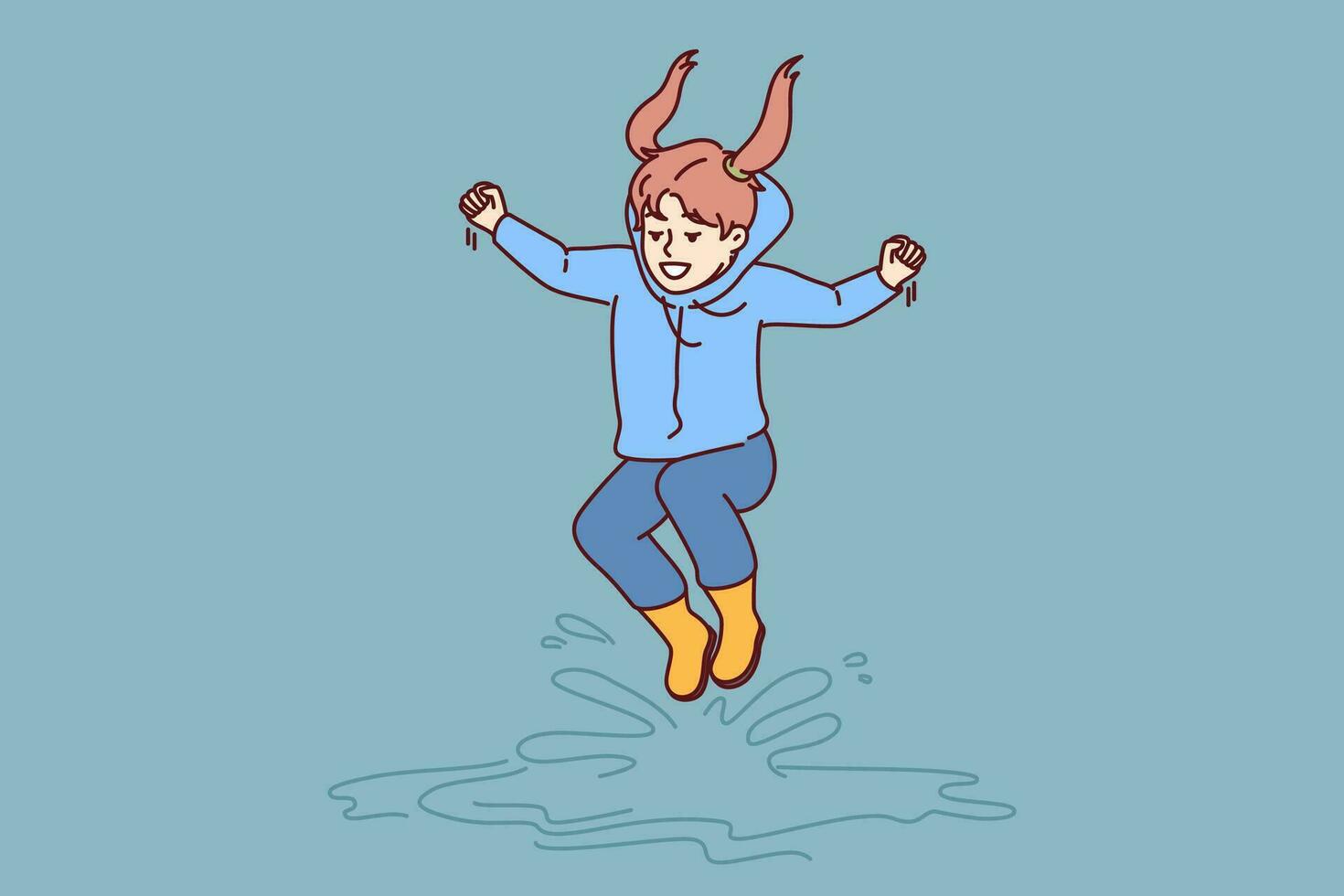 Little girl jumps in puddles in rubber boots and enjoys rainy autumn weather. Laughing child dressed in raincoat plays and bounces in puddles and has fun rejoicing in walk in fresh air vector
