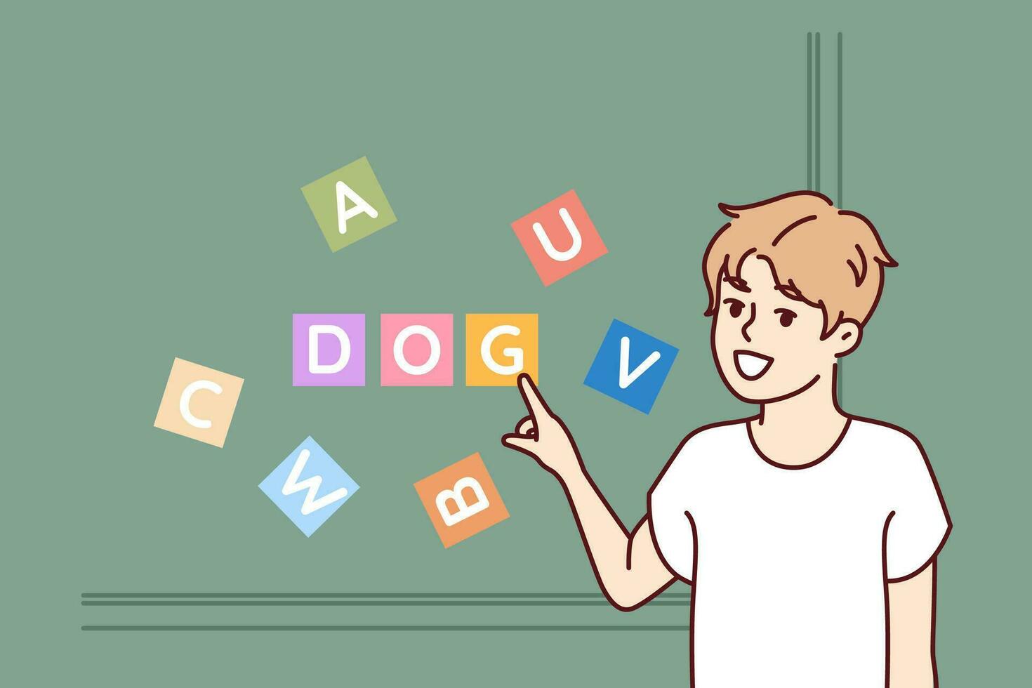 Child is studying letters from alphabet to learn how to read, and stands near blackboard, pointing finger at word dog. Education for children and study alphabet to prepare for entry into school vector