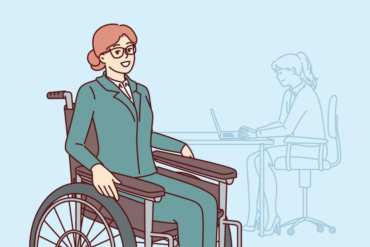 Business woman sits in wheelchair and works in office as manager, not paying attention to illness. Successful businesswoman in wheelchair, for concept of available space and equal opportunity vector