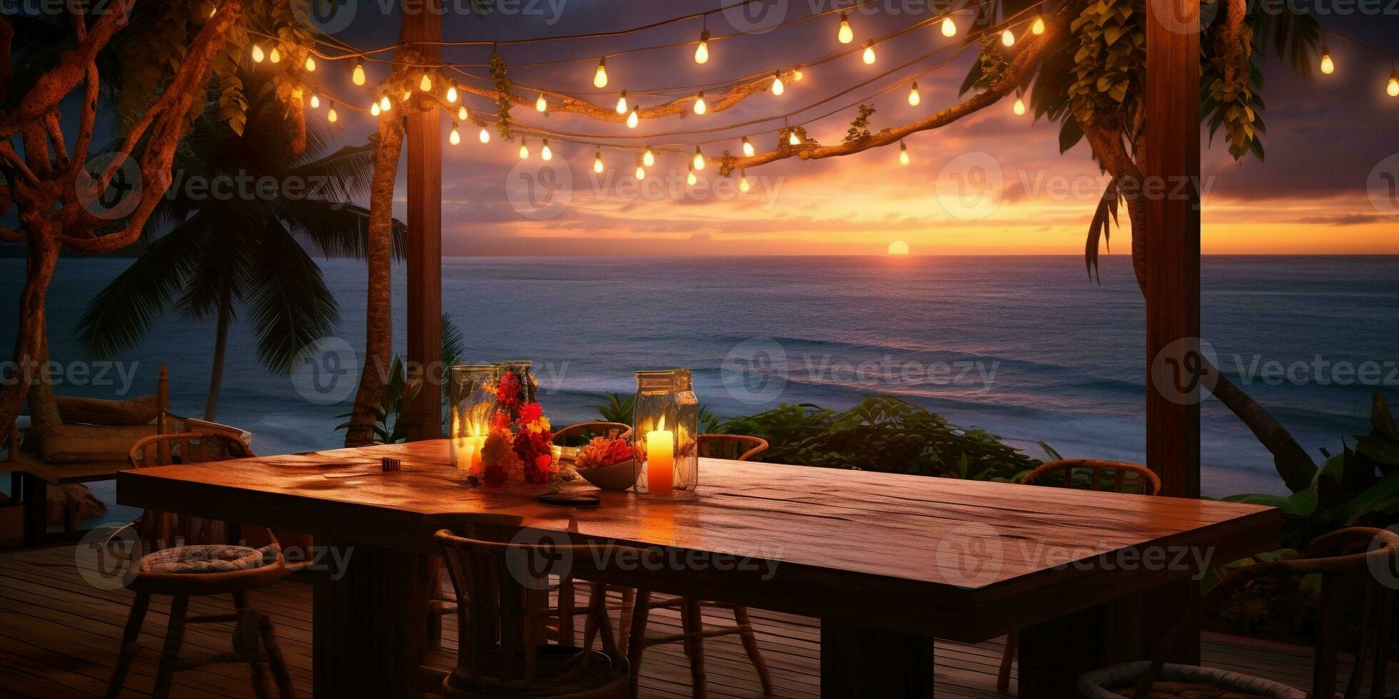 Generative AI, Tropical summer sunset beach bar background. Outdoor restaurant, Led light candles and wooden tables, chairs under beautiful sunset sky, sea view. photo