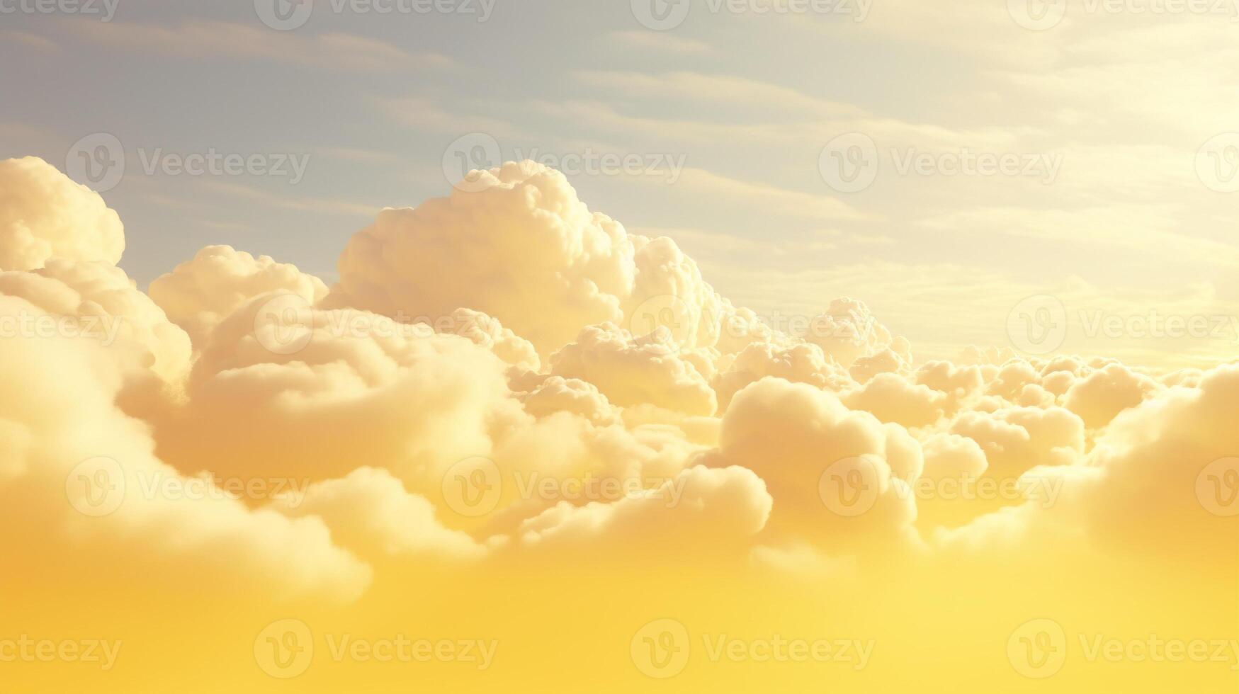 Generative AI, Light yellow fantastic 3d clouds on the floor, sky and landscape. Gentle colors and with bright lights. photo