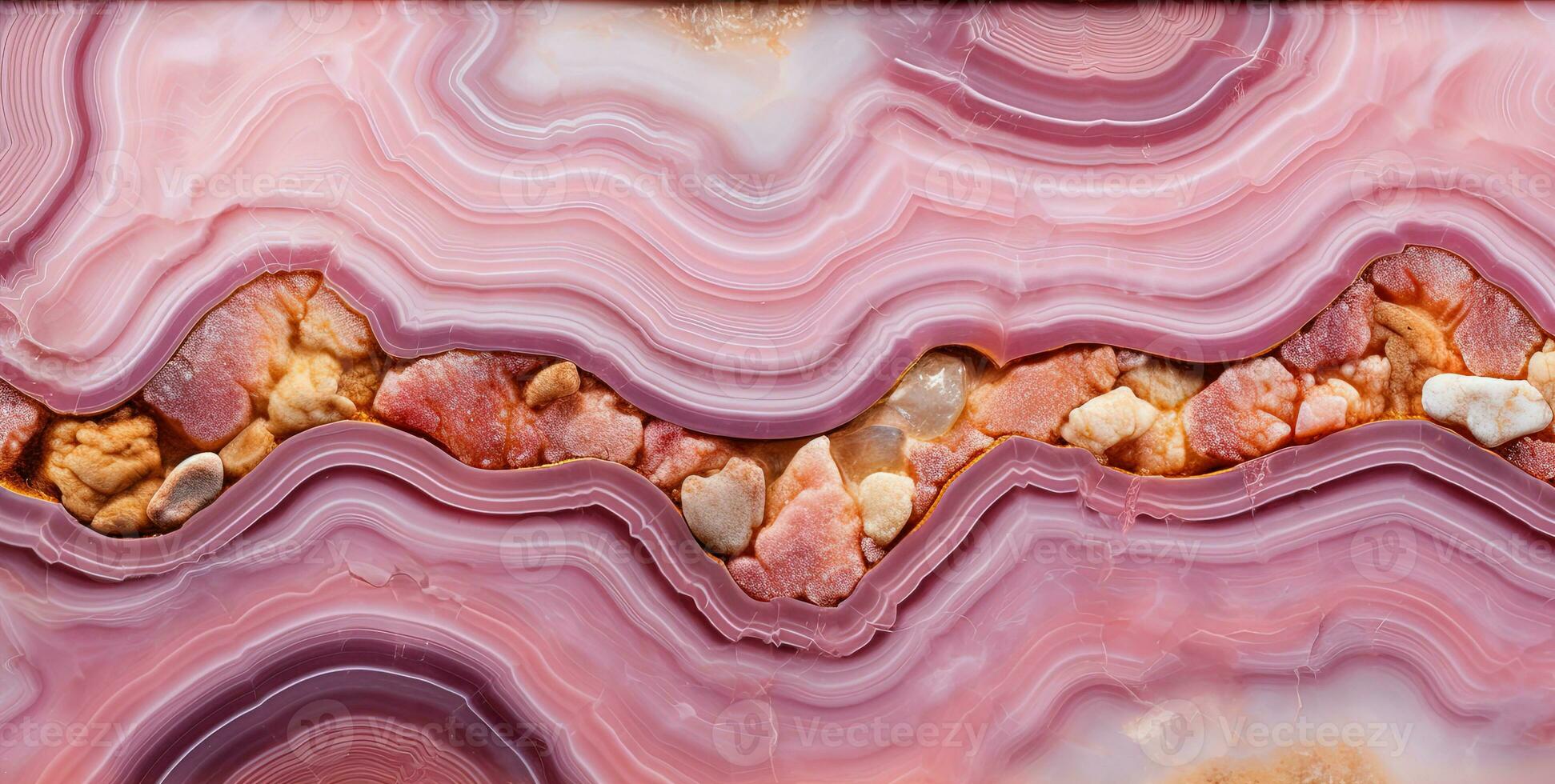 Generative AI, natural volcanic agate stones close-up light pink magenta and golden texture. Wallpaper background, quartz marble, decorative rock pattern photo