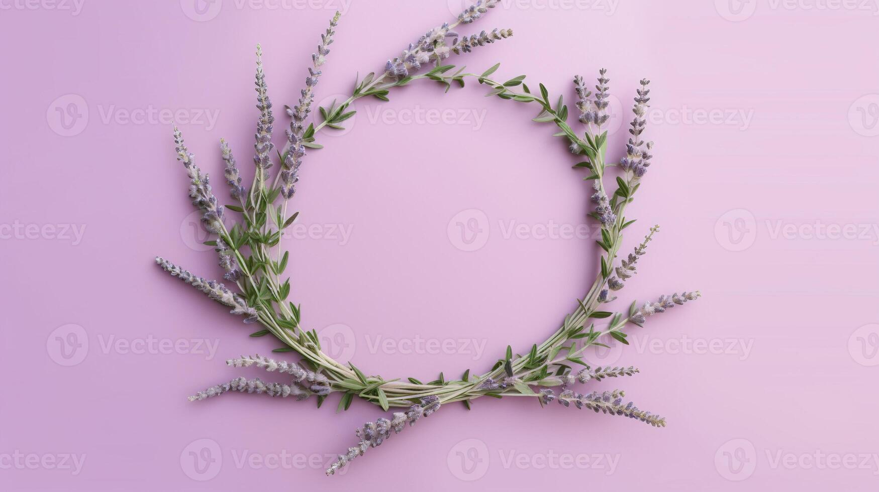 , wreath of lavender branches flowers with copy space, natural organic floral frame violet background photo