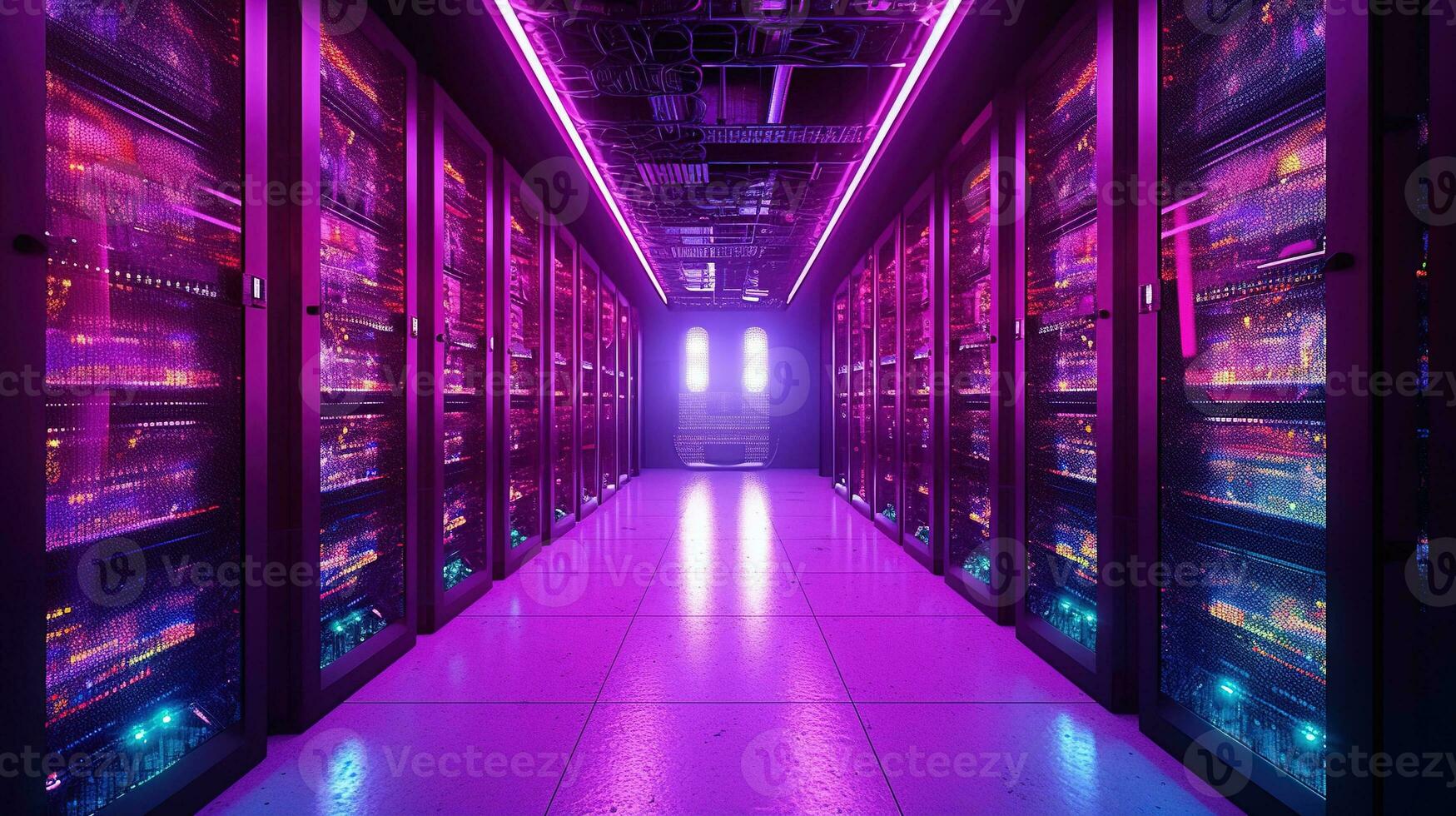 Generative AI, Data Center, modern high technology server room in purple neon colors. Modern telecommunications, cloud computing, artificial intelligence, database. photo