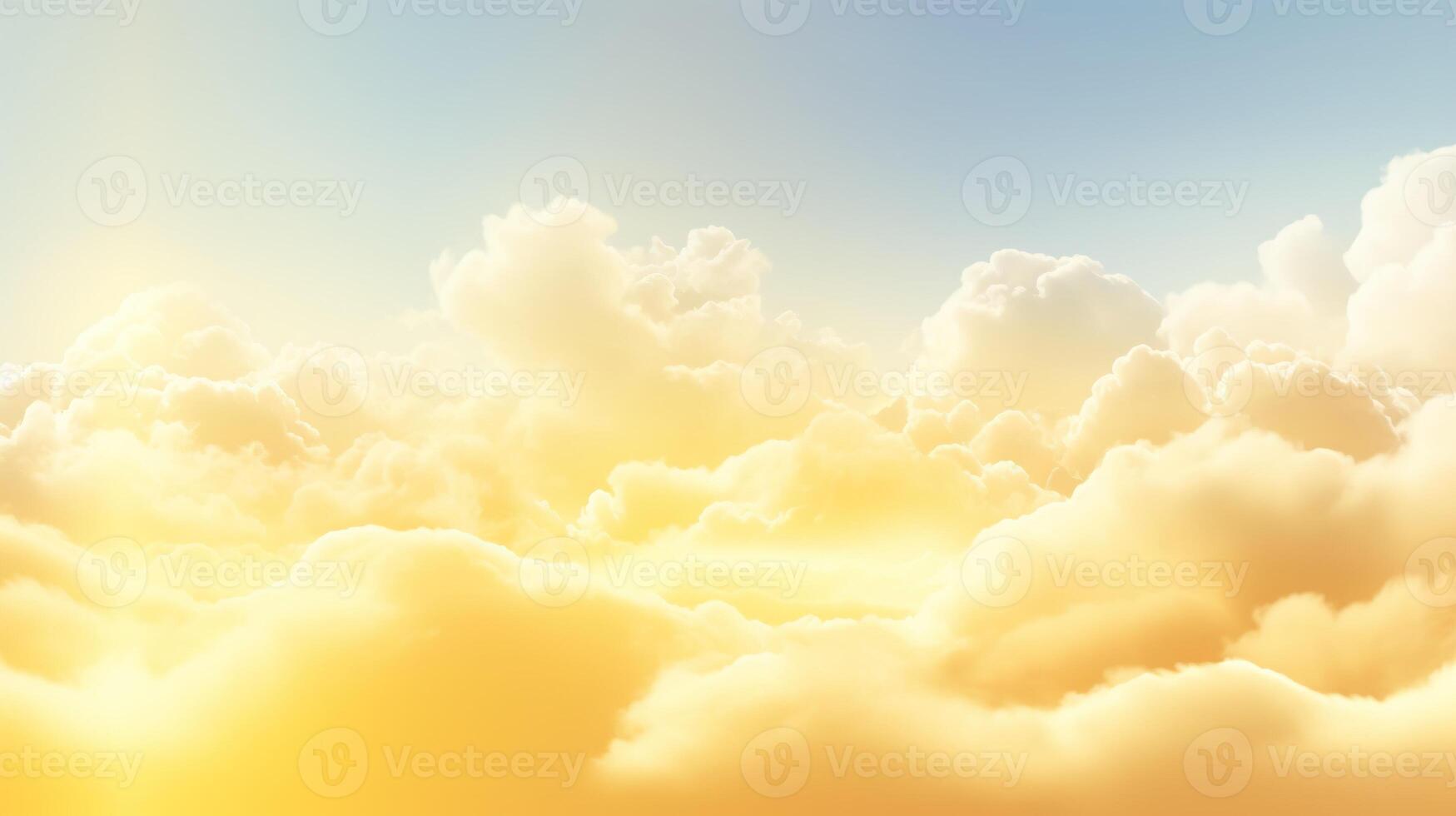 Generative AI, Light yellow fantastic 3d clouds on the floor, sky and landscape. Gentle colors and with bright lights. photo