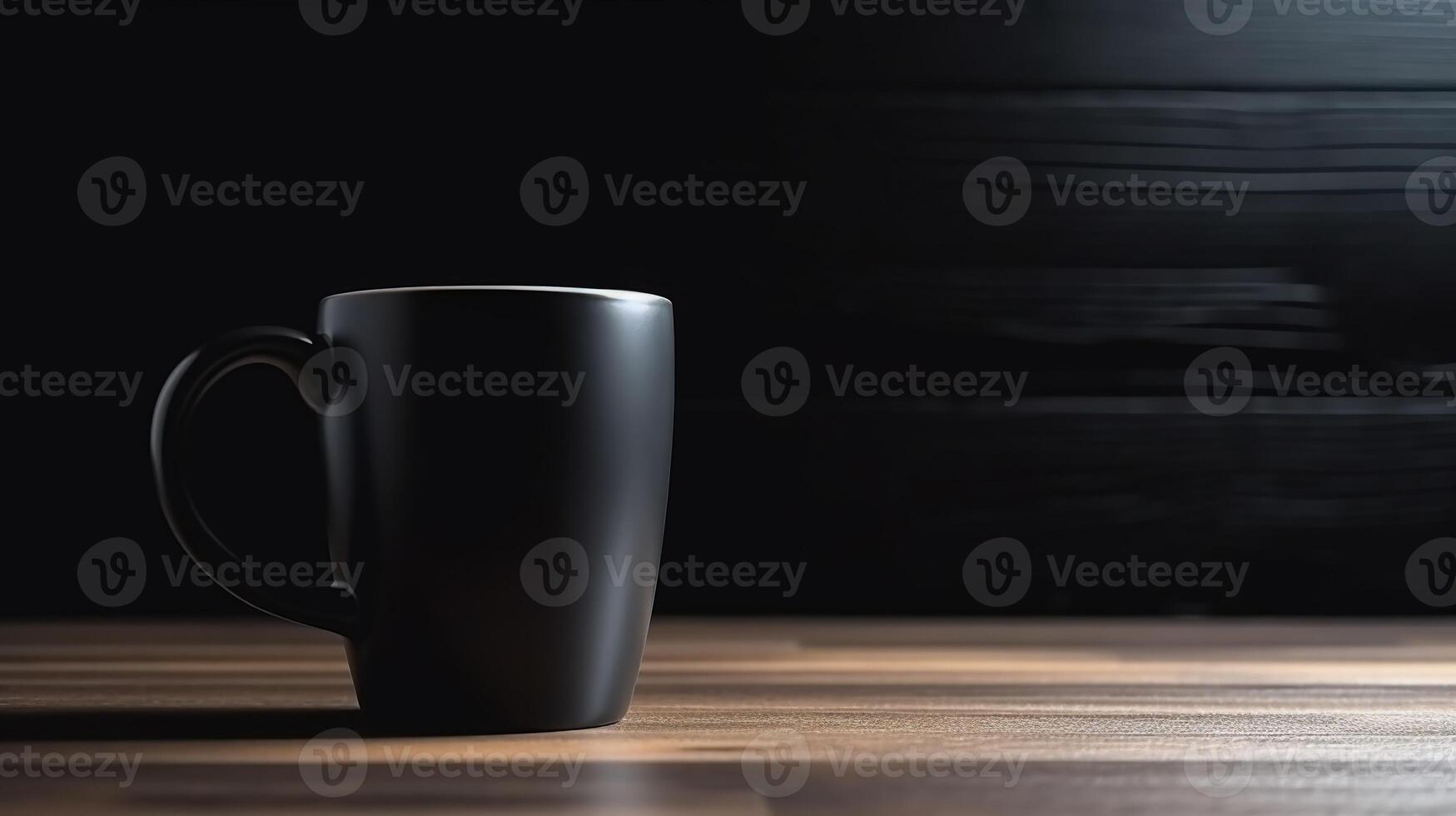 Generative AI, Black ceramic cup set-up in at home interior, mug mock up blank. photo