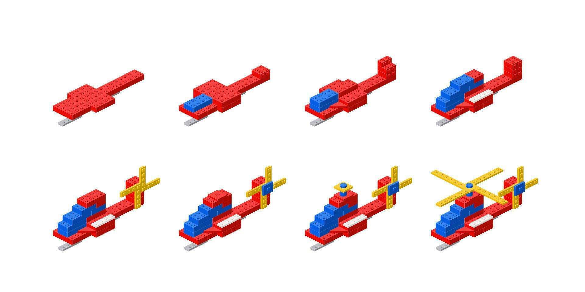 Set of helicopters assembled from plastic blocks in isometric style. Vector illustration.