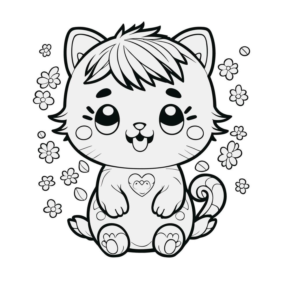 Cute chibi cat coloring page with flowers vector