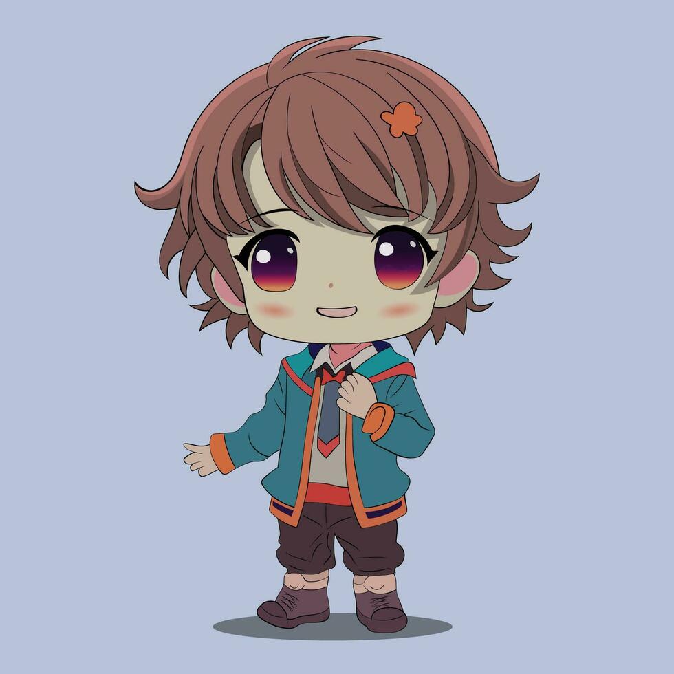 linda chibi chico, anime personaje, marrón pelo en colegio ropa vector