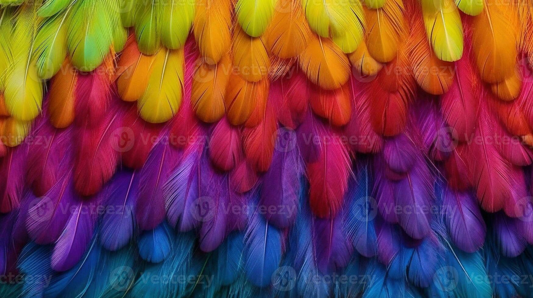 Generative AI, Beautiful rainbow colorful closeup feathers, photorealistic background, top view, aerial view. Small fluffy, inspired by Andreas Gursky and Andy Goldsworthy photo