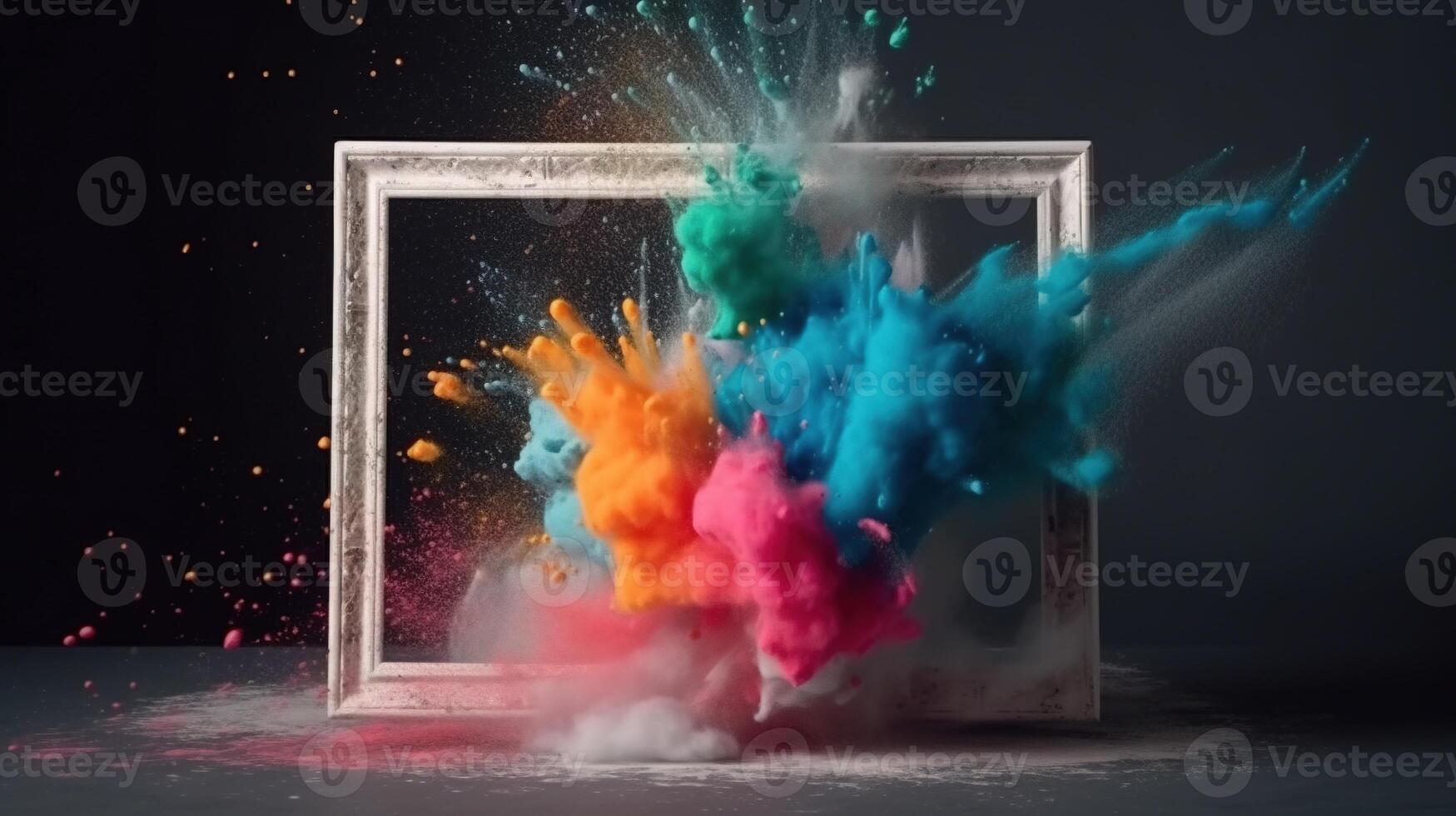 Generative AI, Frame with colorful holi powder paint explosion, creative splash, multicolor cloud photo