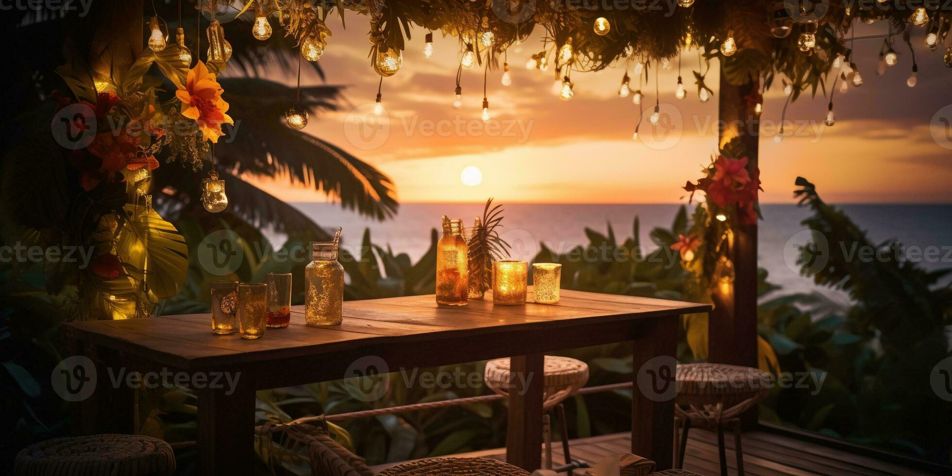 Generative AI, Tropical summer sunset beach bar background. Outdoor restaurant, Led light candles and wooden tables, chairs under beautiful sunset sky, sea view. photo
