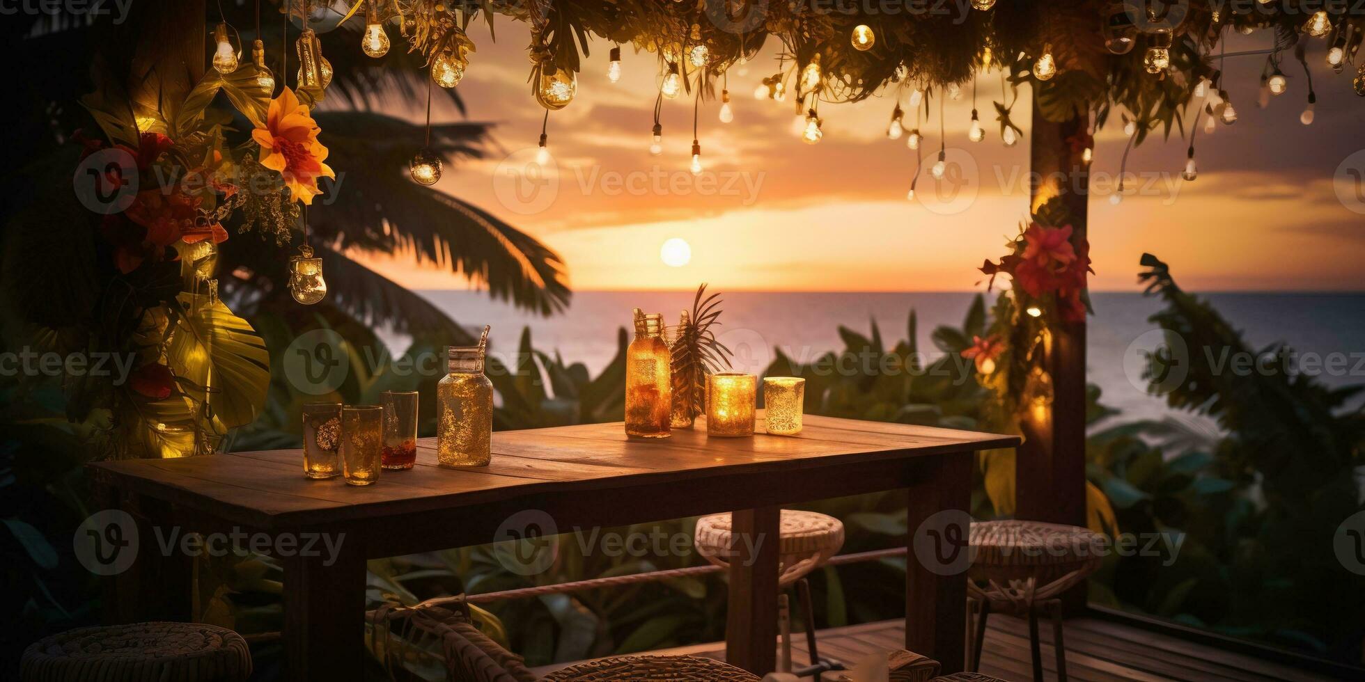 generativo ai, tropical verano puesta de sol playa bar antecedentes. al aire libre restaurante, LED ligero velas y de madera mesas, sillas debajo hermosa puesta de sol cielo, mar vista. foto