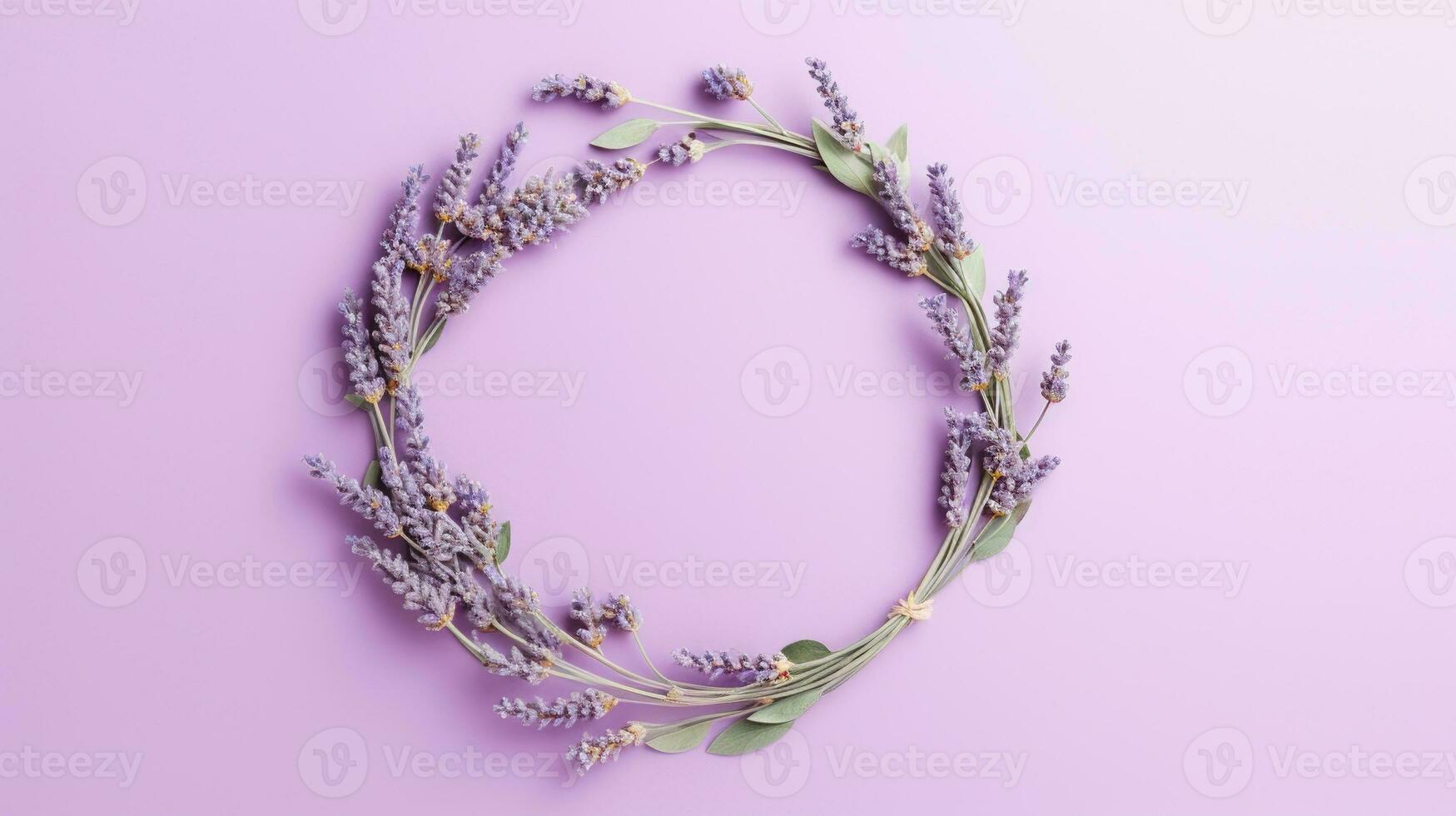 Generative AI, wreath of lavender branches flowers with copy space, natural organic floral frame violet background photo