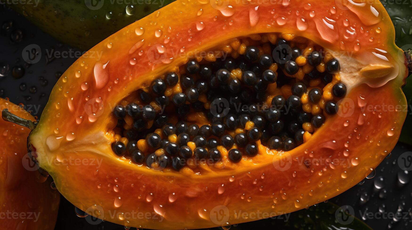 , Macro Fresh half of papaya fruit background. Tropical exotic closeup photo with drops