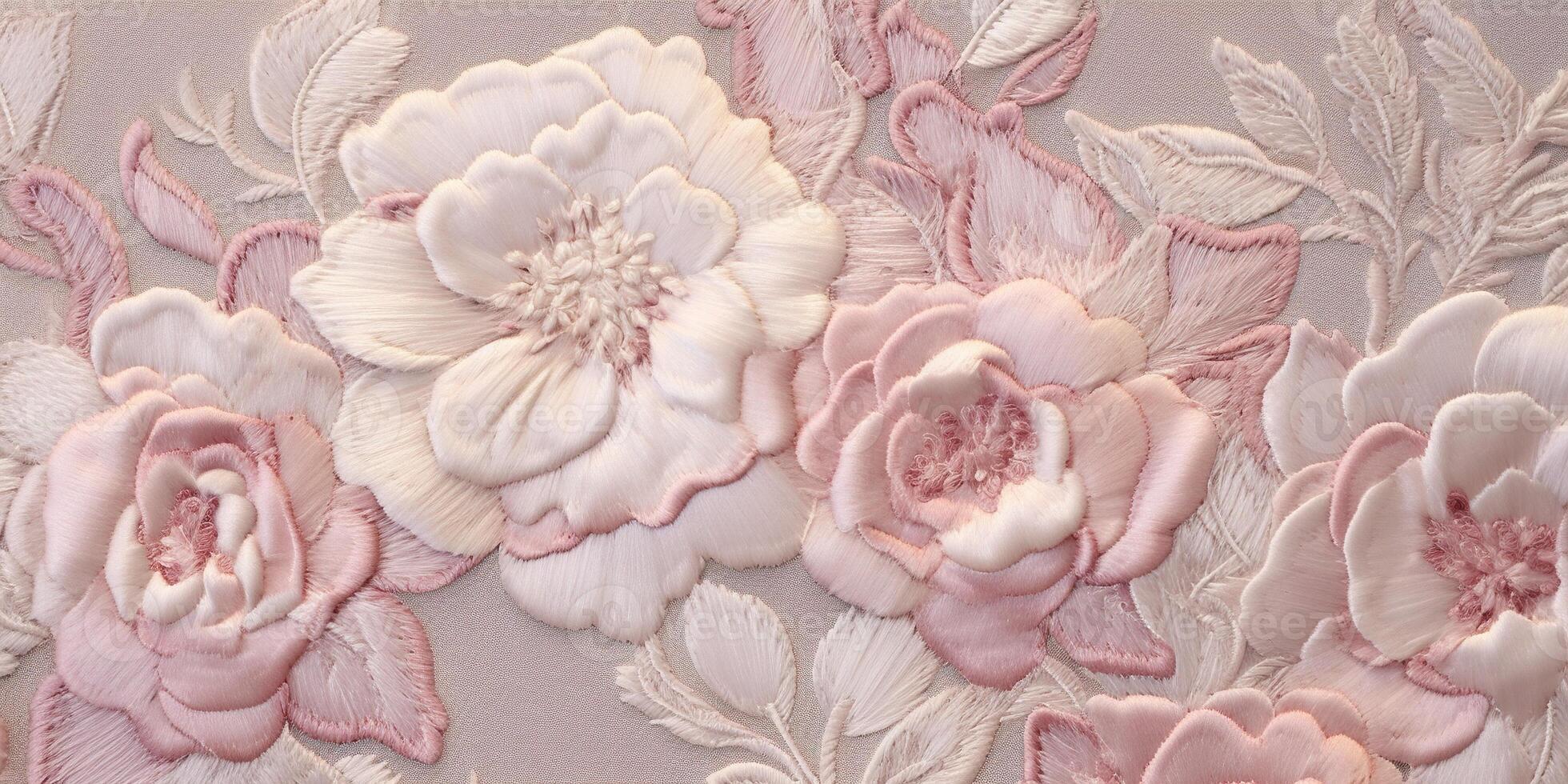 Generative AI, embroidered shabby chic baroque light pink roses pattern. Floral print on silk background photo