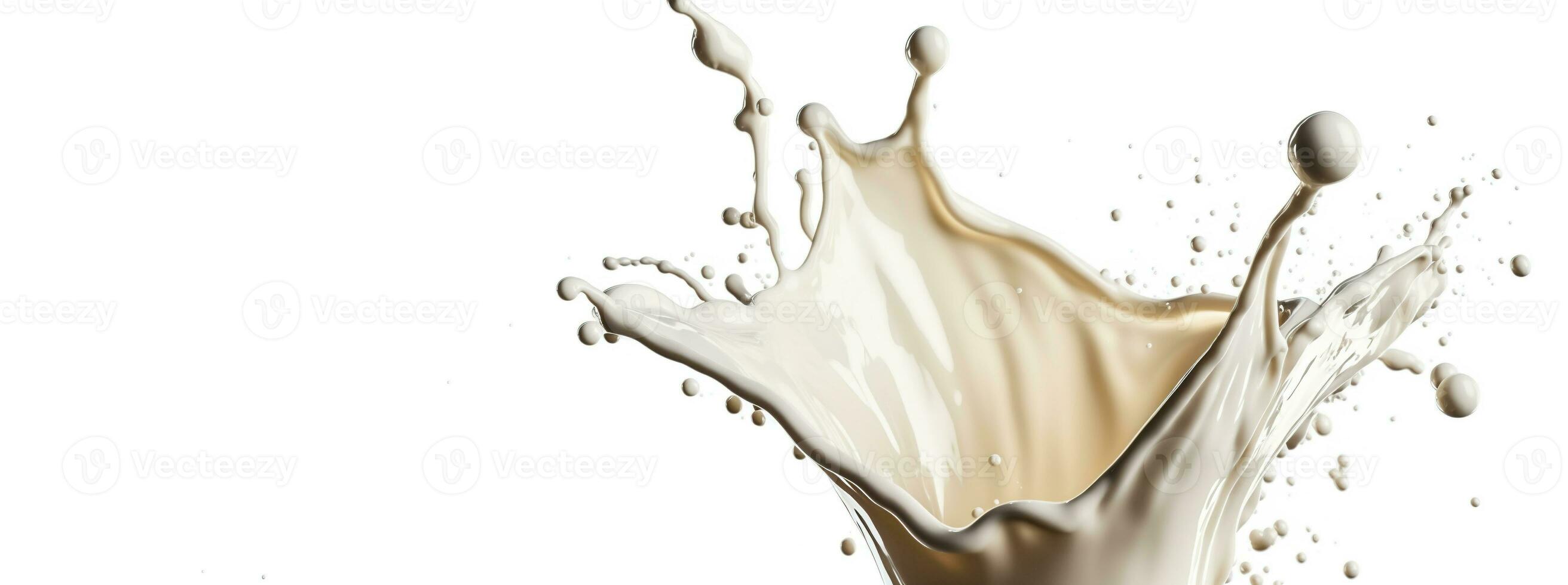 Generative AI, Flowing liquid with splashes in white color. Glossy creamy milk fluid banner, 3D effect, modern macro photorealistic abstract background illustration photo