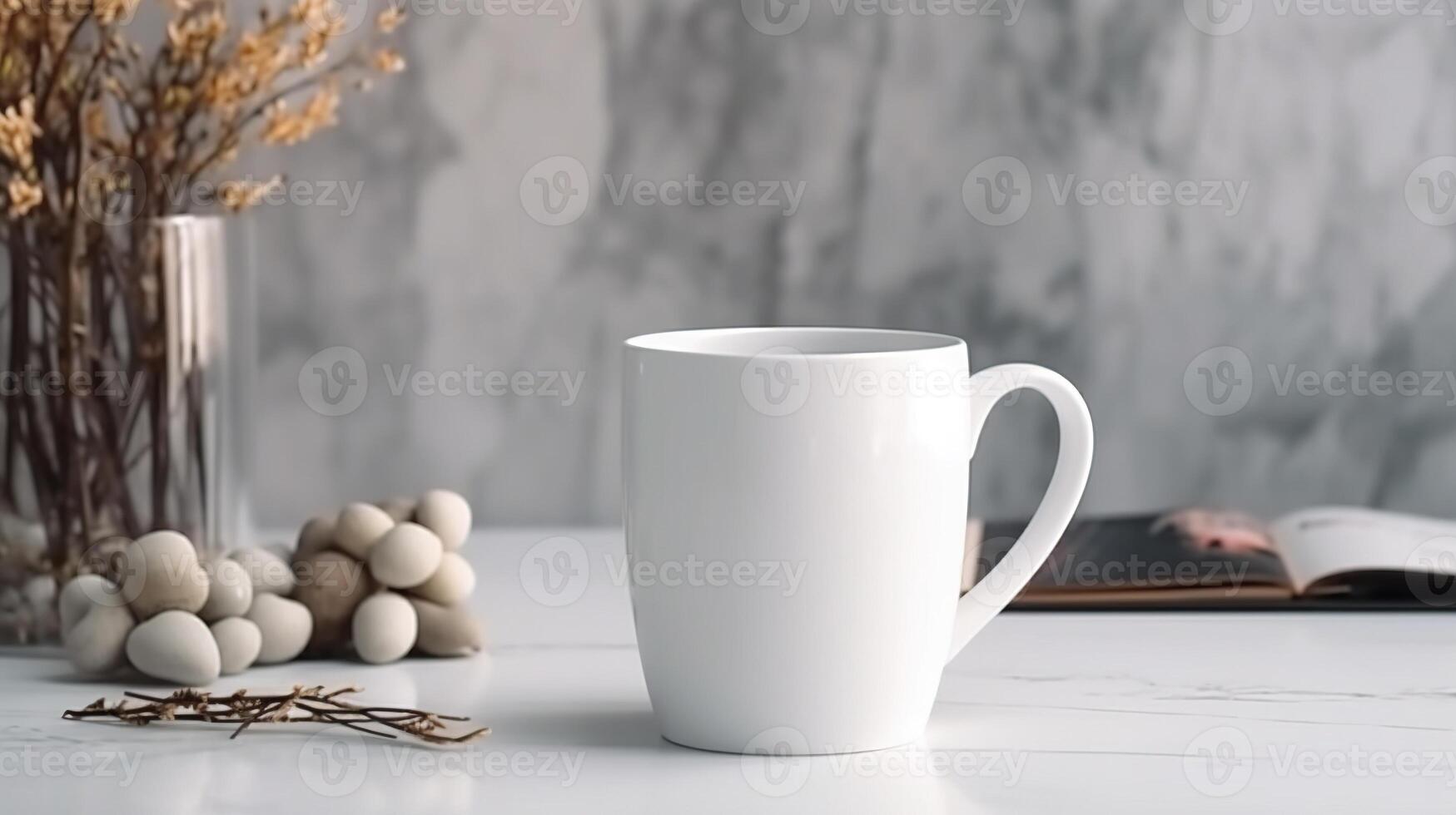 , White ceramic cup set-up in at home interior, mug mock up blank. photo