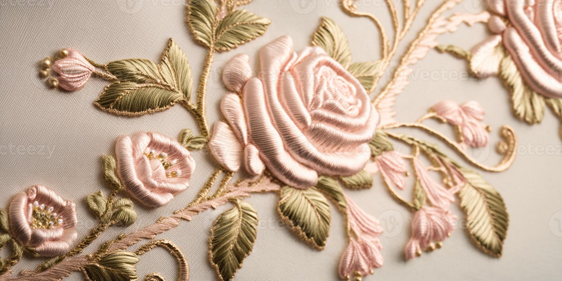 Generative AI, embroidered shabby chic baroque light pink roses pattern.  Floral print on silk background photo