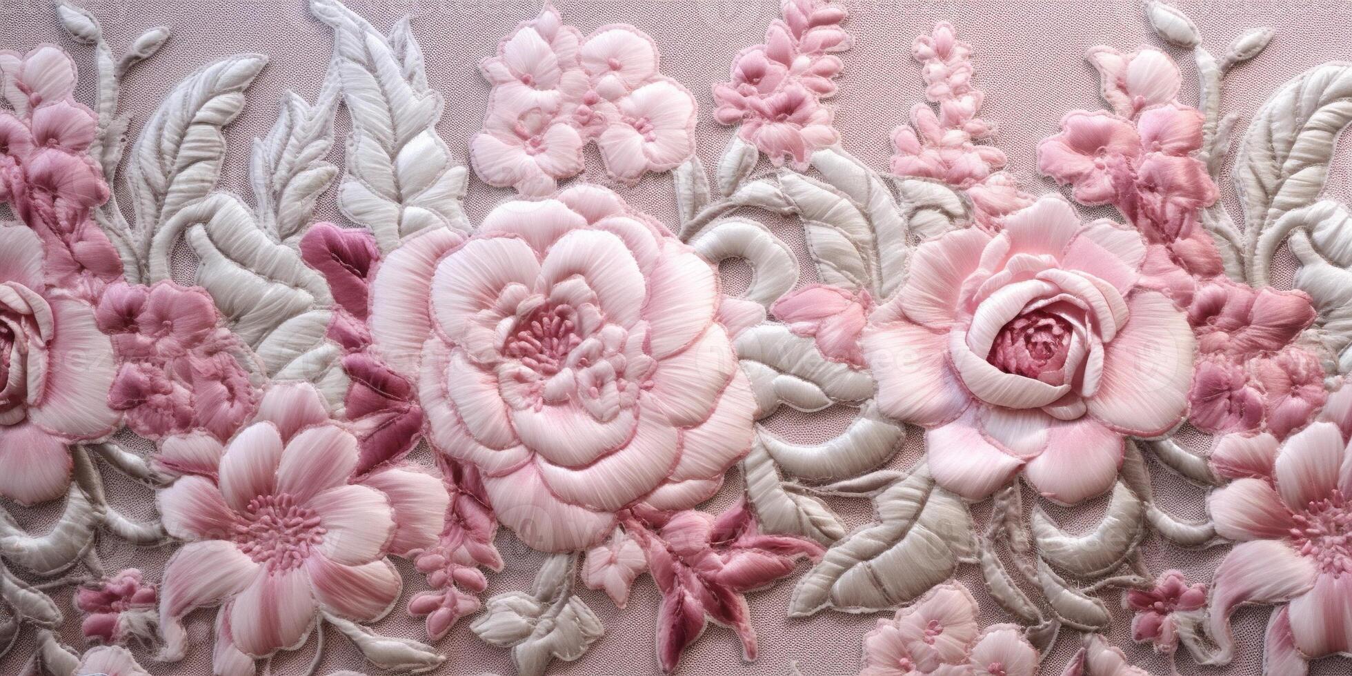 Generative AI, embroidered shabby chic baroque light pink roses pattern. Floral print on silk background photo