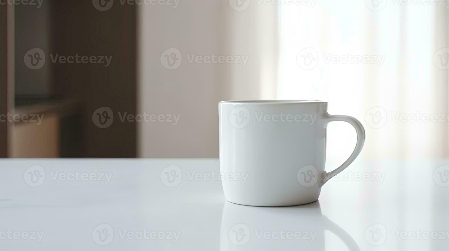 Generative AI, White ceramic cup set-up in at home interior, mug mock up blank. photo