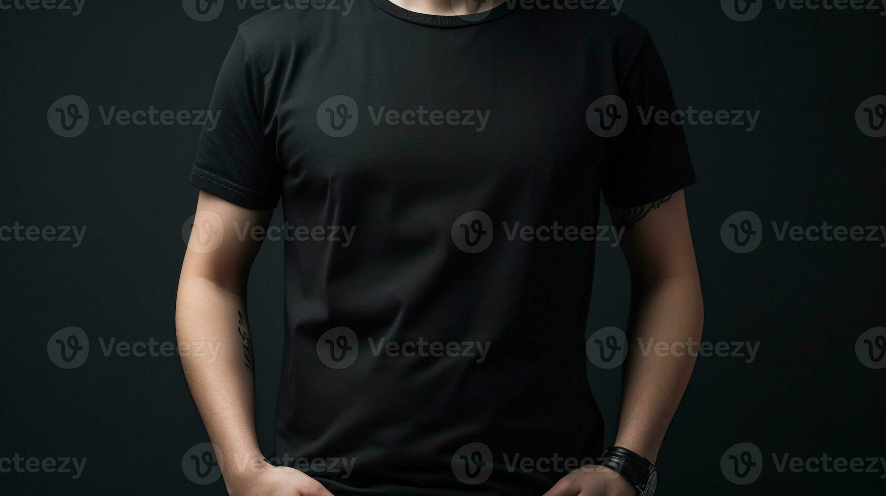 Generative AI, Realistic black T-Shirt mock up blank put on young man, copyspace for presentation advertising. Blank business concept photo