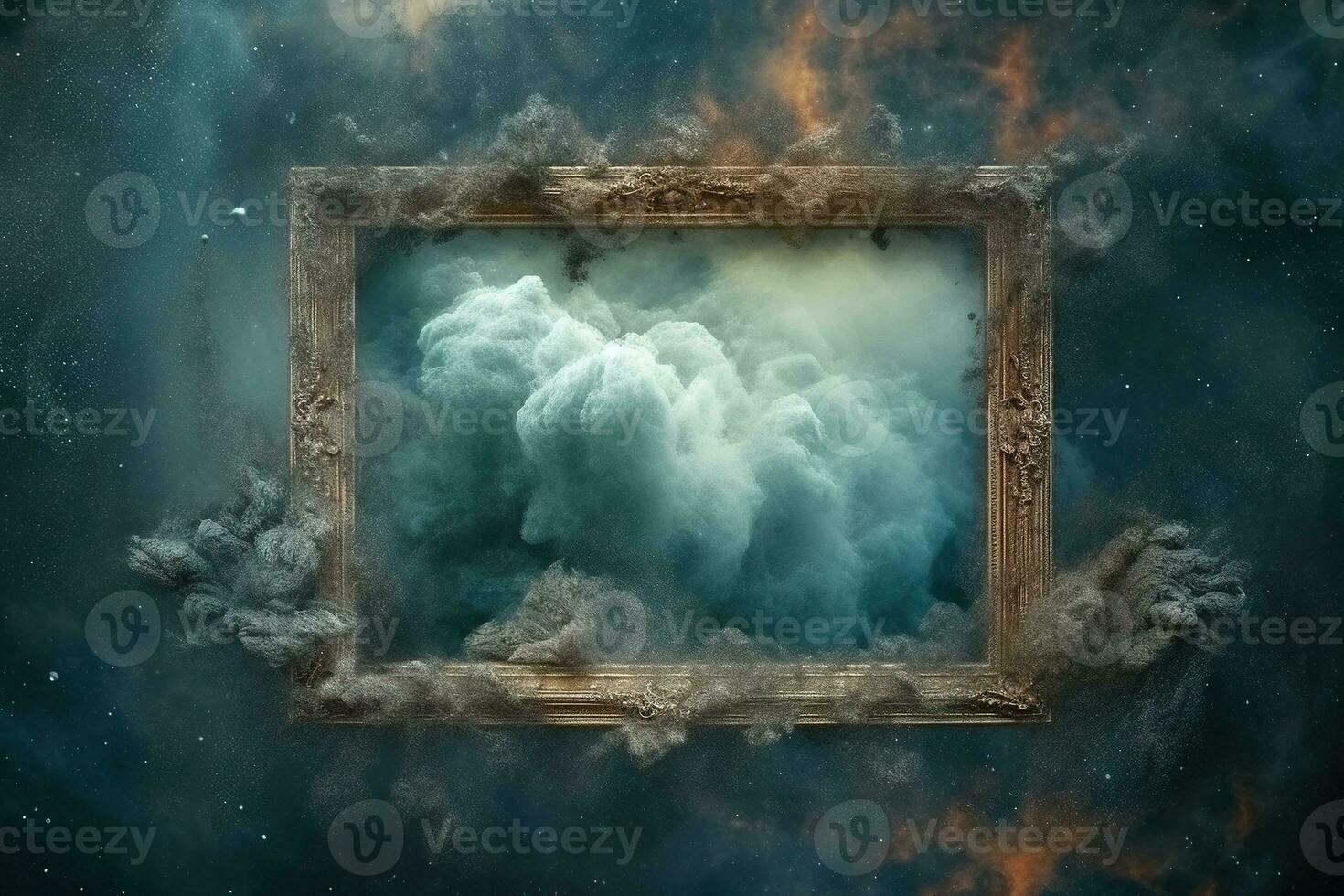 Generative AI, Blue flowing smoke around empty vintage beautiful frame. Copy space, frame mock up blank photo