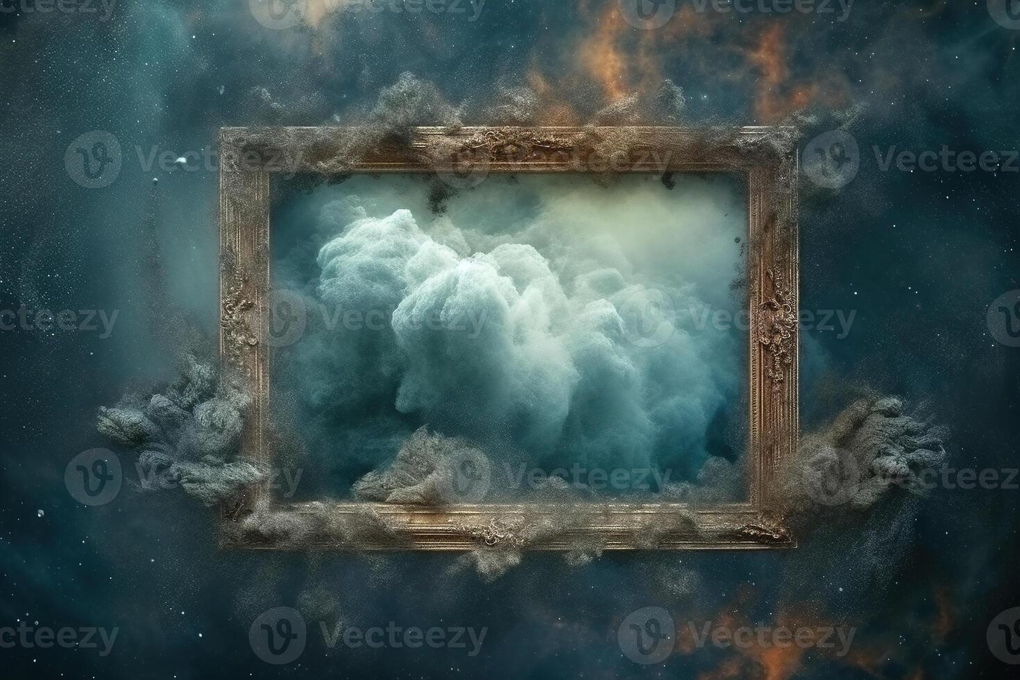 , Blue flowing smoke around empty vintage beautiful frame. Copy space, frame mock up blank photo