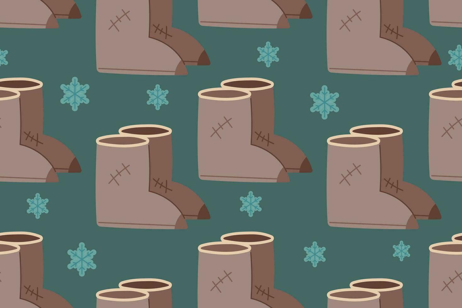 Traditional felt boots with patches, warm winter shoes, vector seamless pattern.