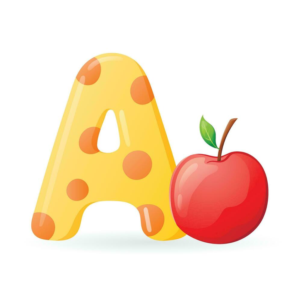 Vector isolated cartoon illustration of English alphabet letter A with picture of apple.