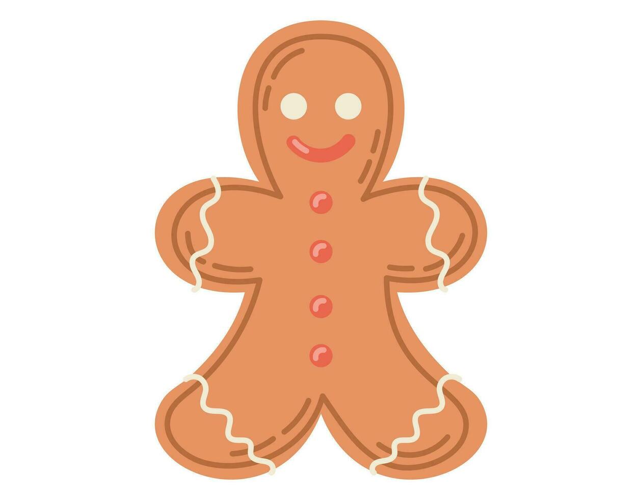 Flat Gingerbread man cookie with icing. Vector cartoon isolated christmas sweet biscuit.
