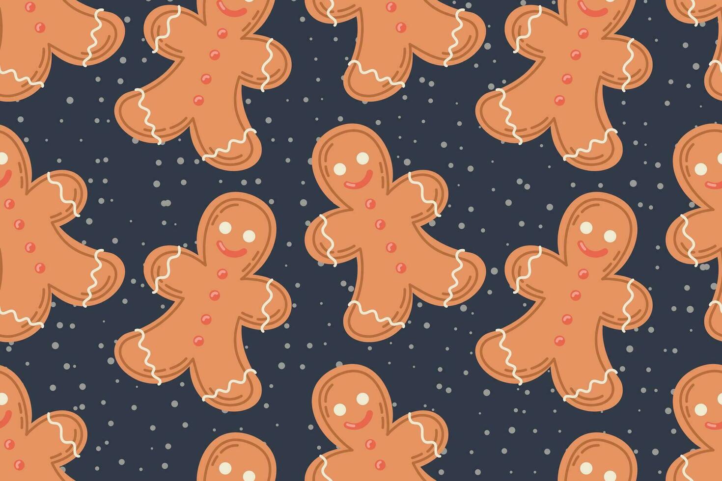 Flat Gingerbread man cookie with icing. Vector cartoon seamless pattern, christmas sweet biscuit.