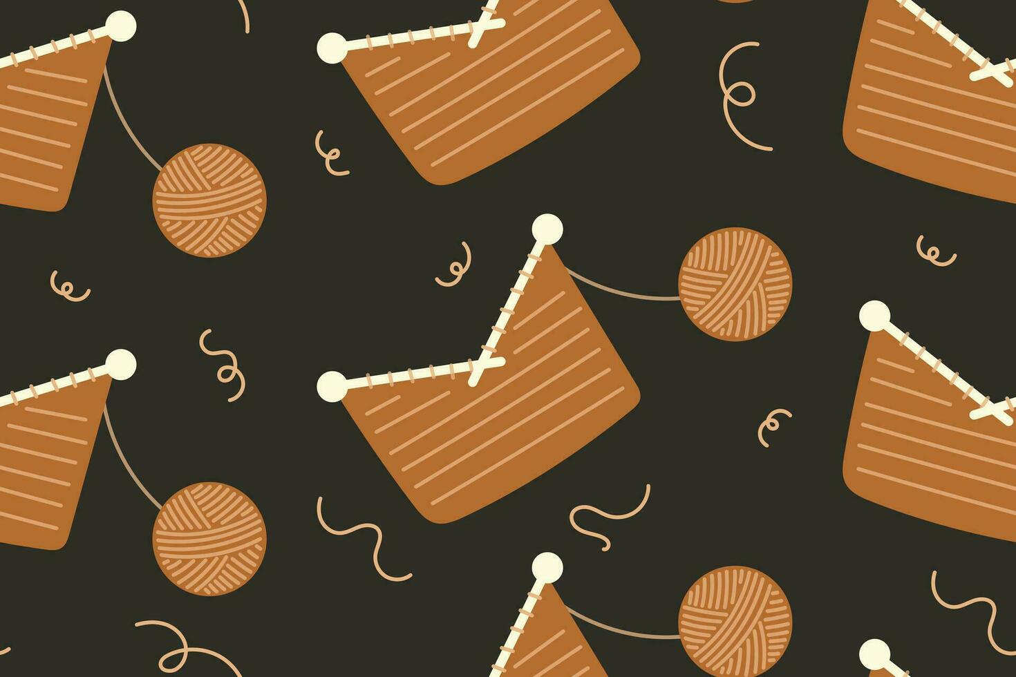 Knitting and a flat ball of yarn. Vector seamless pattern, needlework hobby.