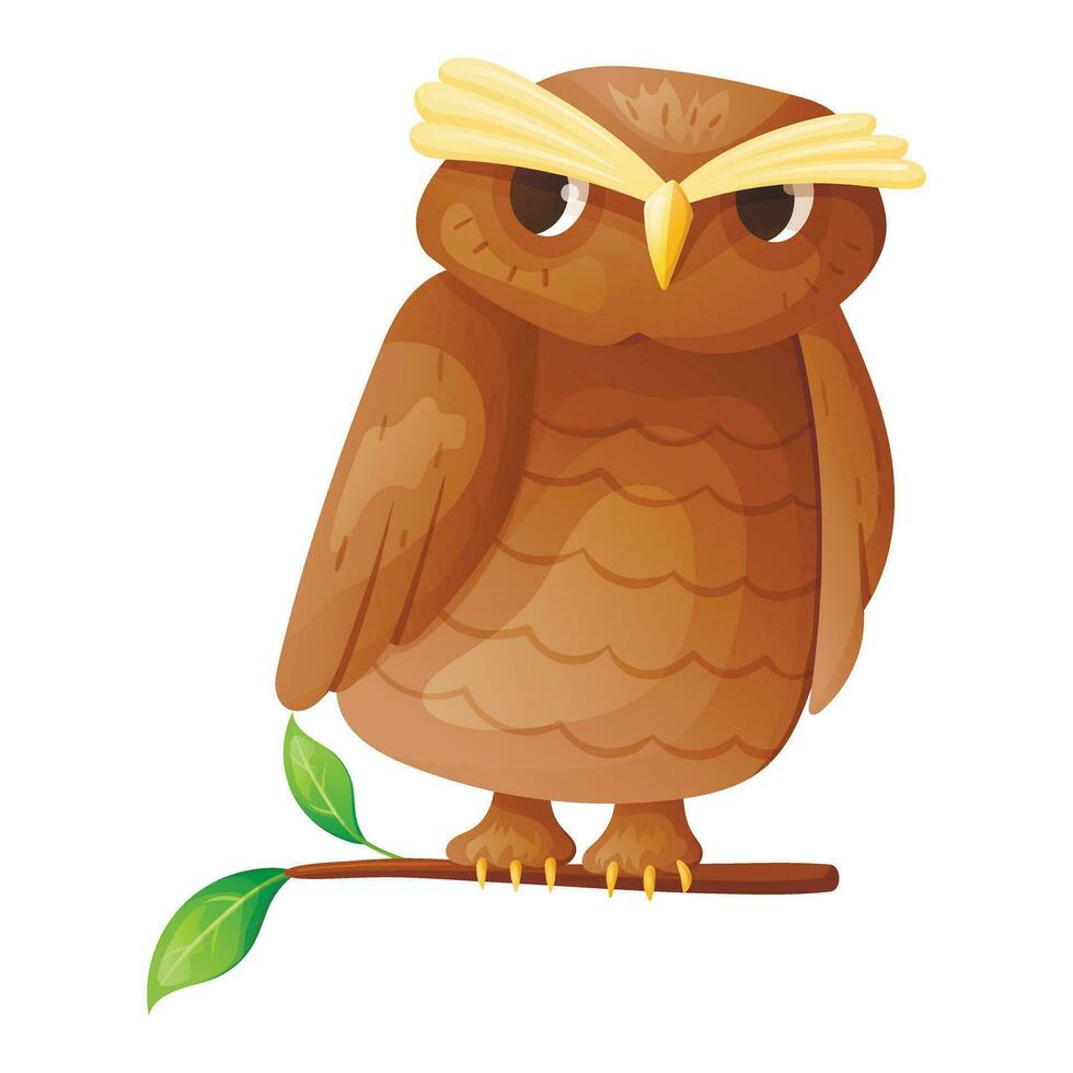 Vector isolated illustration of an owl sitting on a branch. Wise and smart cartoon forest bird.