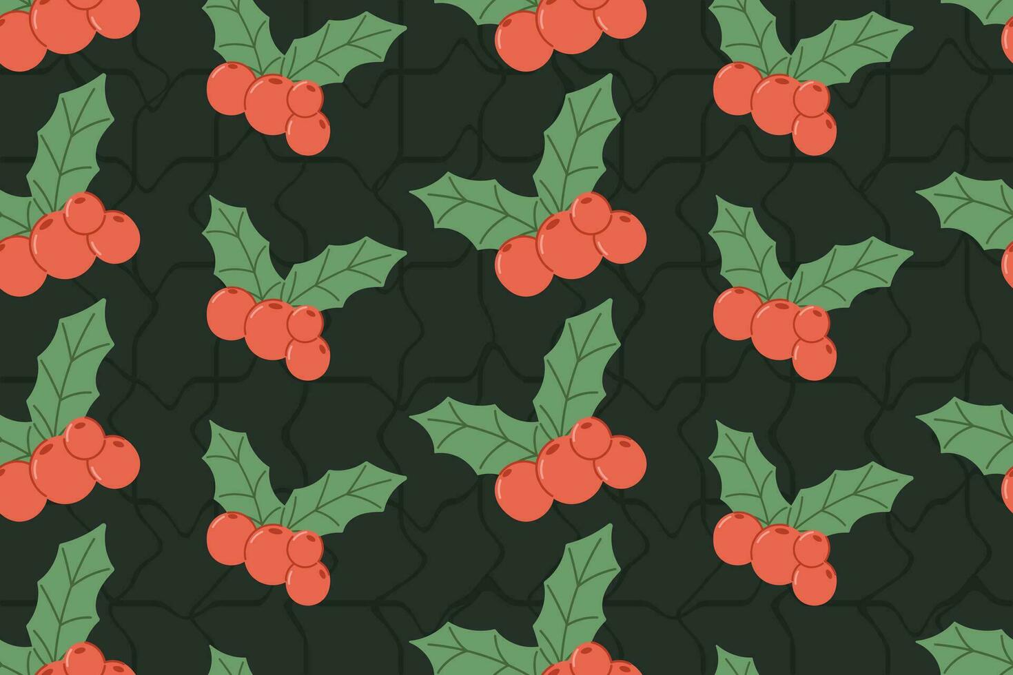 Holly branch with green leaves and red berries. Vector seamless flat christmas holiday pattern.