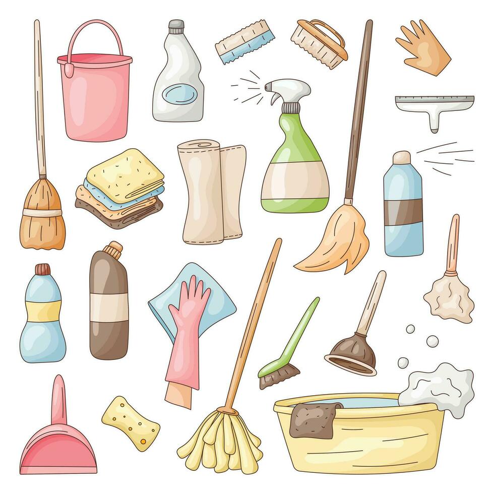 Set of vector icons of house cleaning, washing and freshness. Cartoon bottles of detergent, mops, washcloths, sponges and rags.
