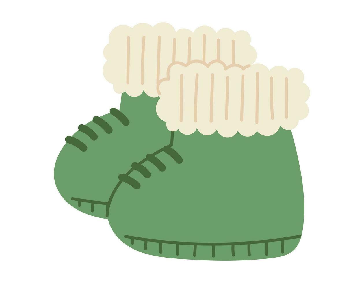 Children cartoon warm winter shoes, baby knitted green booties or socks. Vector isolated flat illustration.