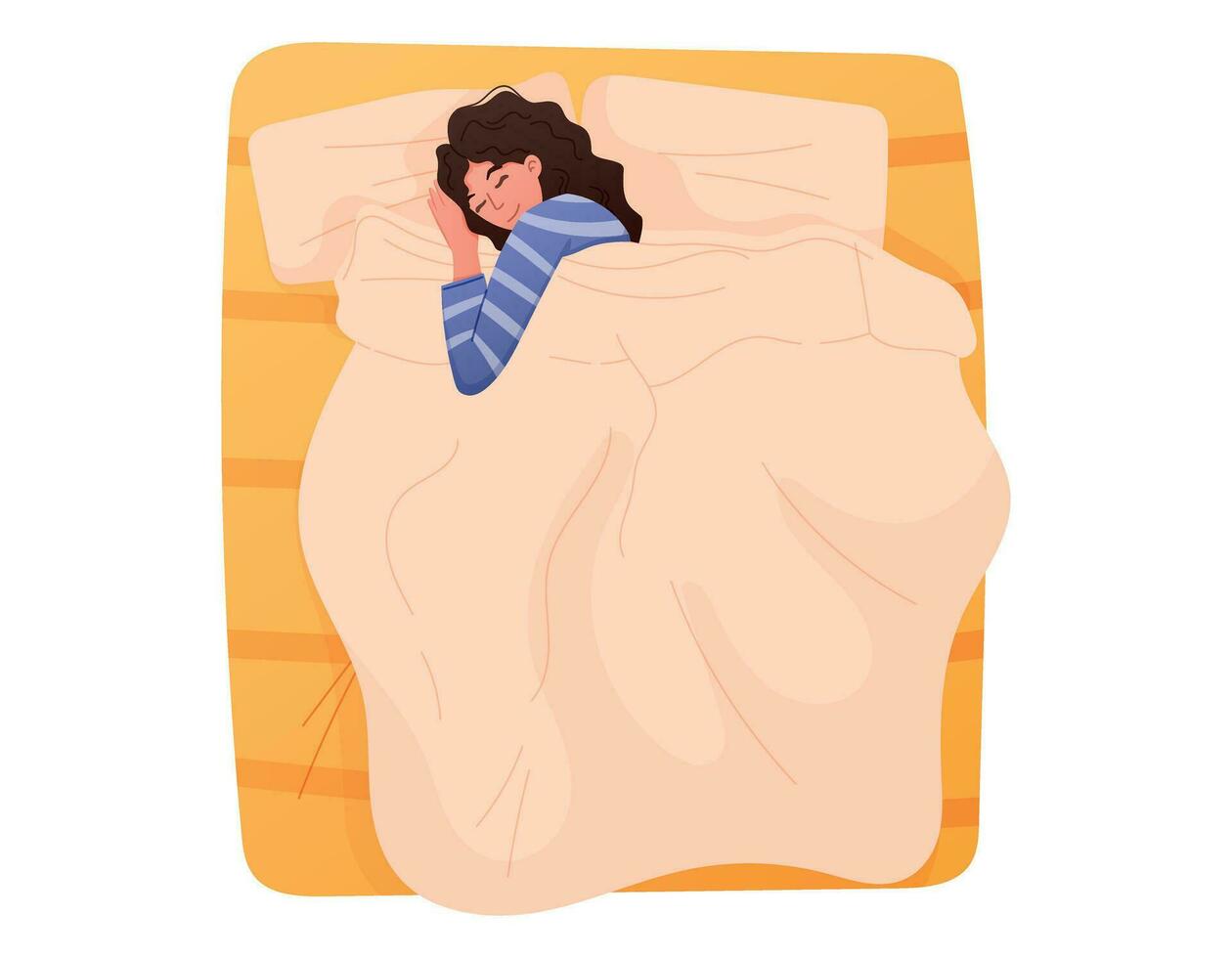 Flat woman sleeping on a bed under a blanket, top view. Vector isolated cartoon girl napping.