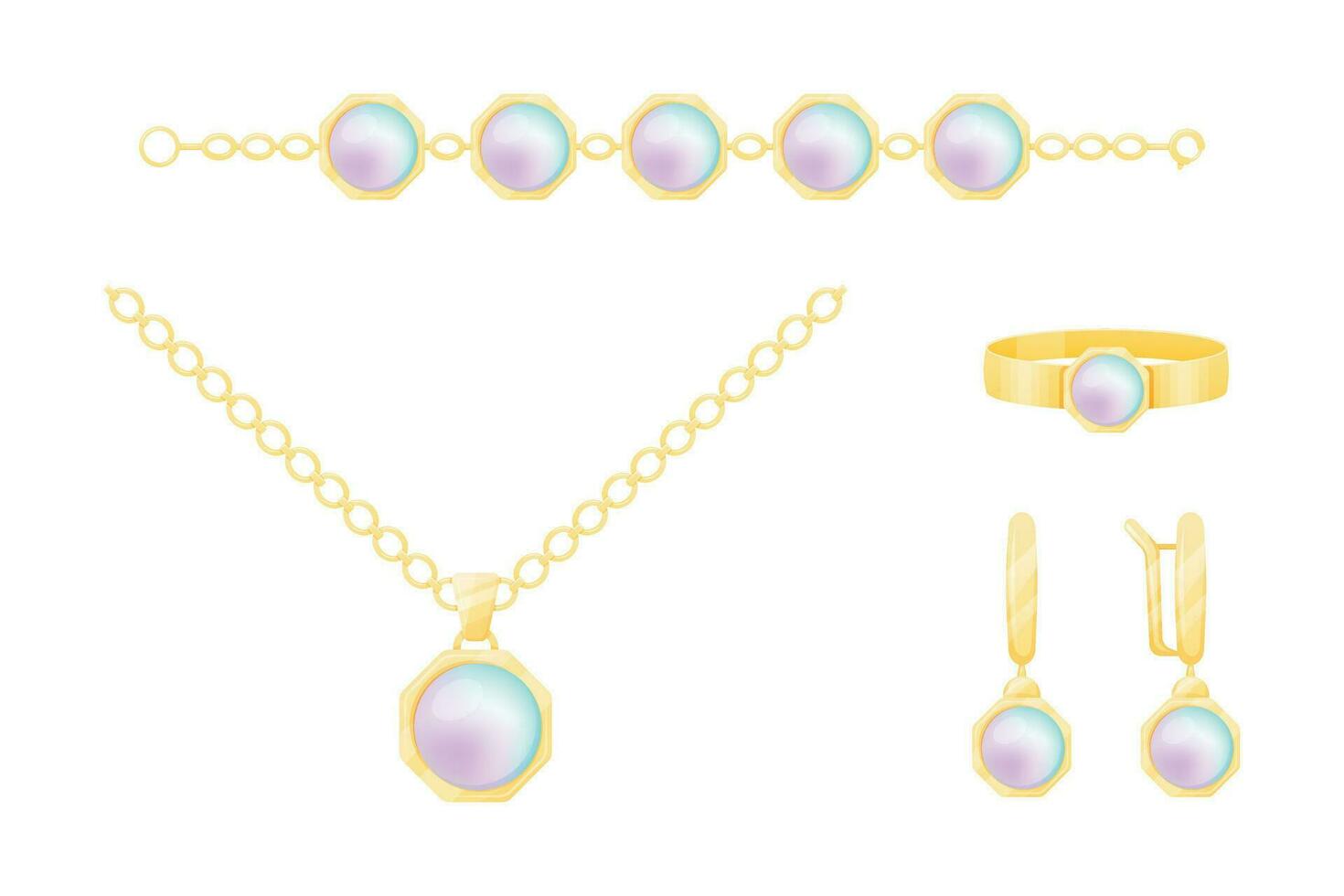 Set of women gold expensive jewelry with gem pearls. Vector collection of isolated necklace, chain, earrings and ring.