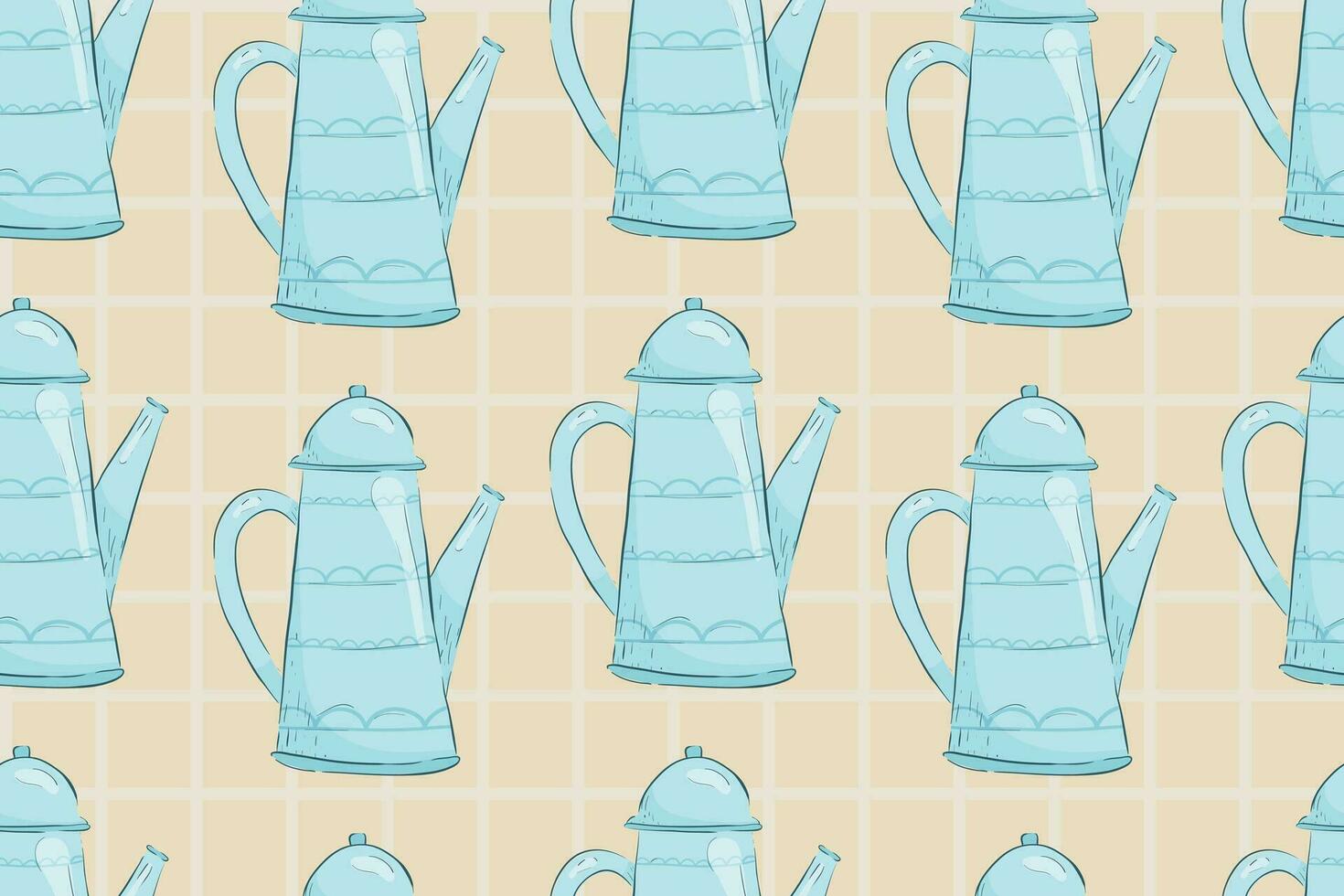 Old vintage blue teapot or jug with a lid. Vector seamless cartoon pattern.