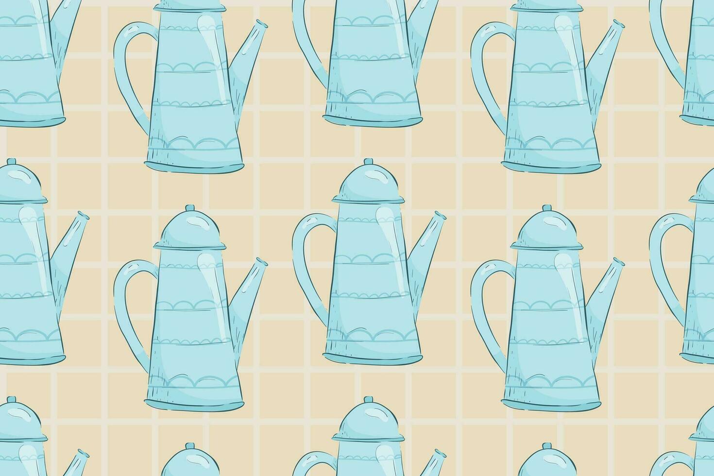 Old vintage blue teapot or jug with a lid. Vector seamless cartoon pattern.