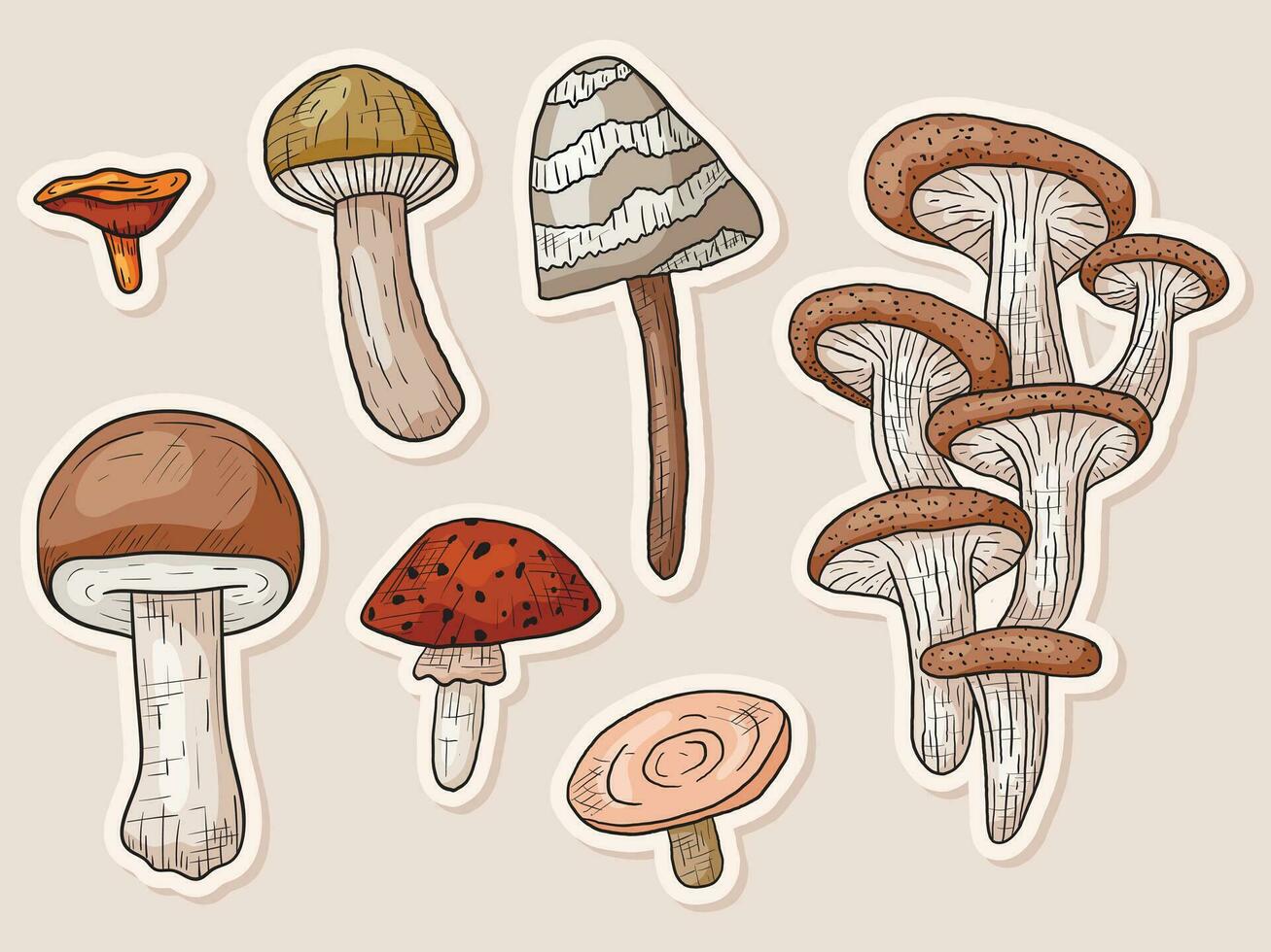 Vector autumn doodle set with forest stickers mushrooms in line art style.