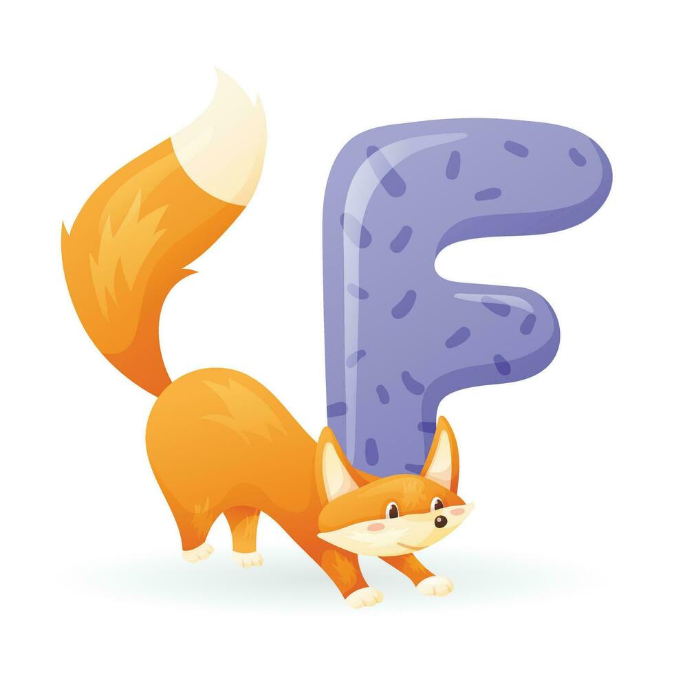 Vector isolated cartoon illustration of English alphabet letter F with picture of fox.