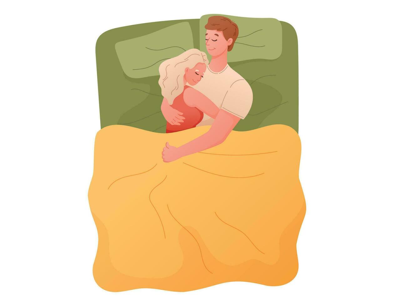 Cartoon Man and woman hugging in bed under the blanket. Vector isolated flat illustration of a sleeping couple in love.