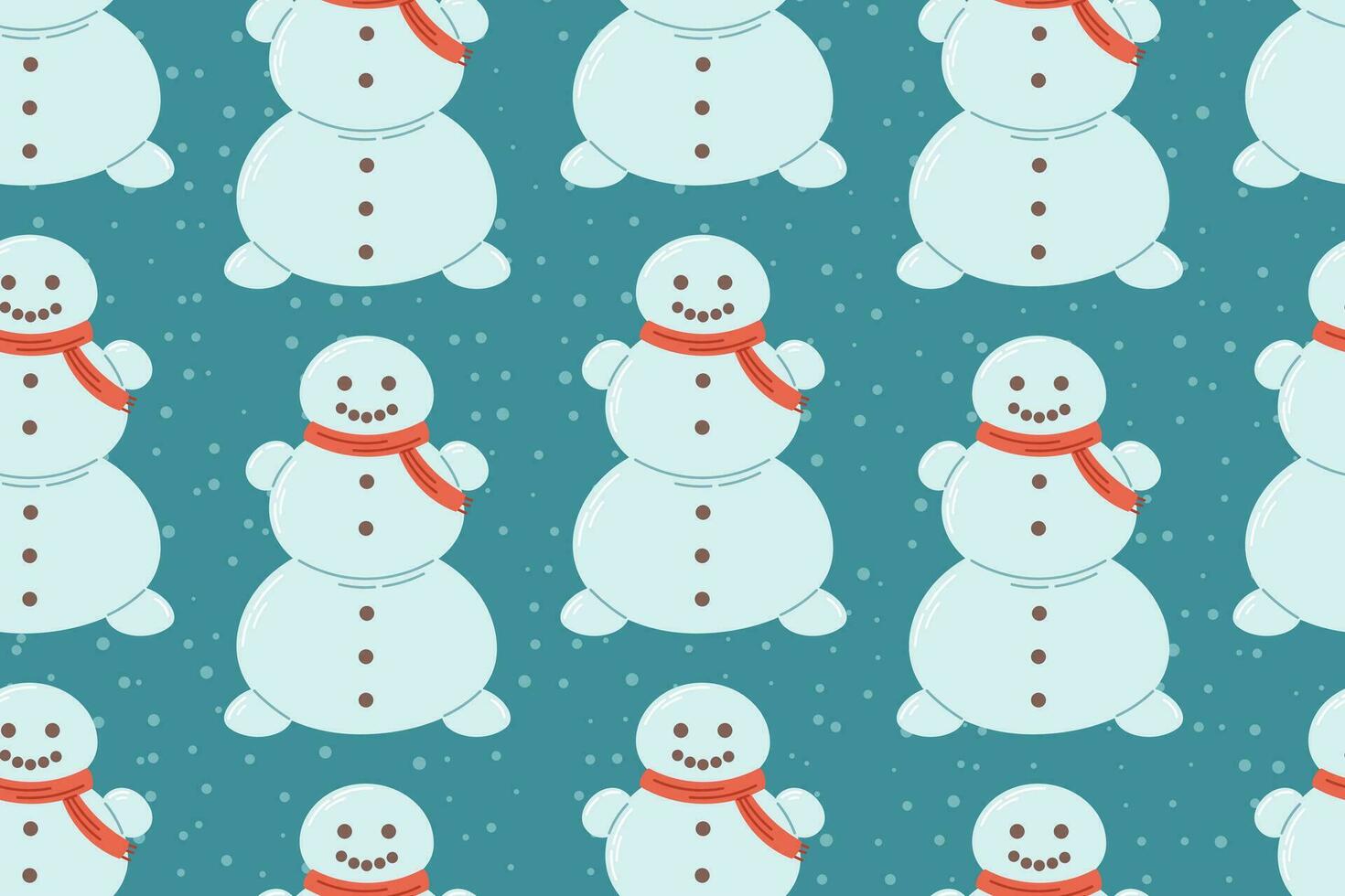 Funny cartoon children winter snowman with knitted scarf. Vector seamless pattern, christmas flat fairy tale character.