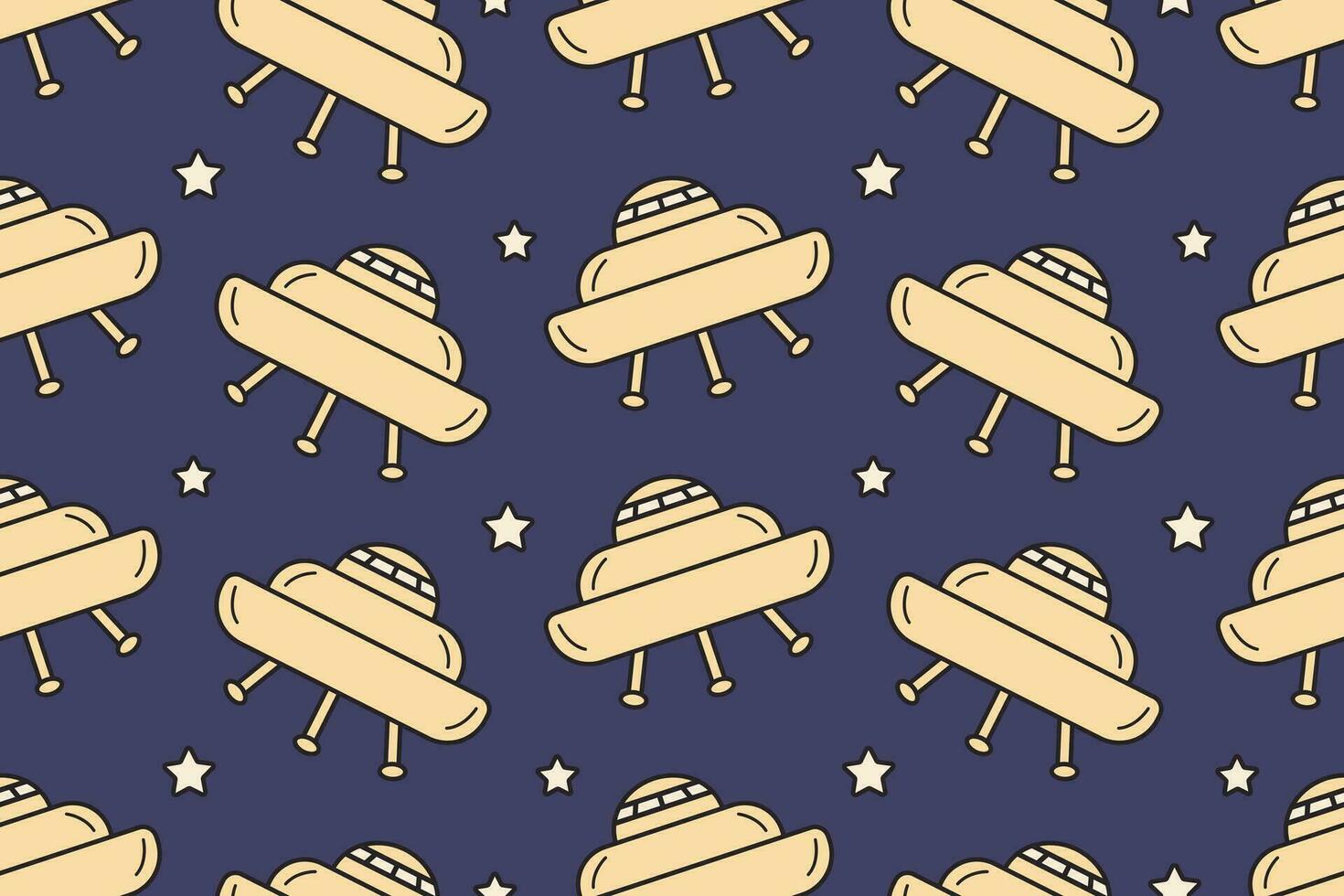 Flat UFO icon, flying saucer with aliens. Vector seamless cartoon space pattern.